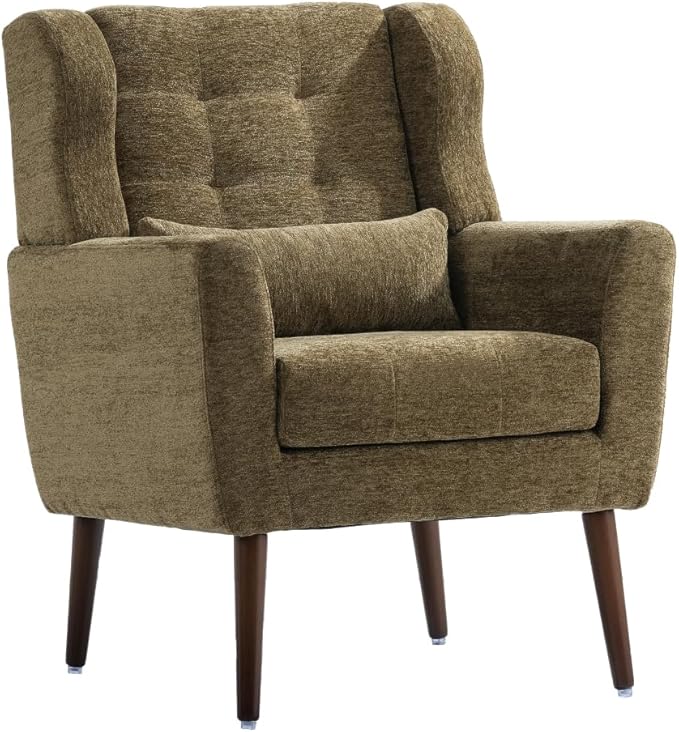 Modern Accent ChairChenille Arm Chairs for Living RoomUpholstered Mordern ArmchairComfy Soft Padded Lounge Chair in Small Space Bedroom w/Pillow Solid Wood Leg (Olive Green + Chenille)