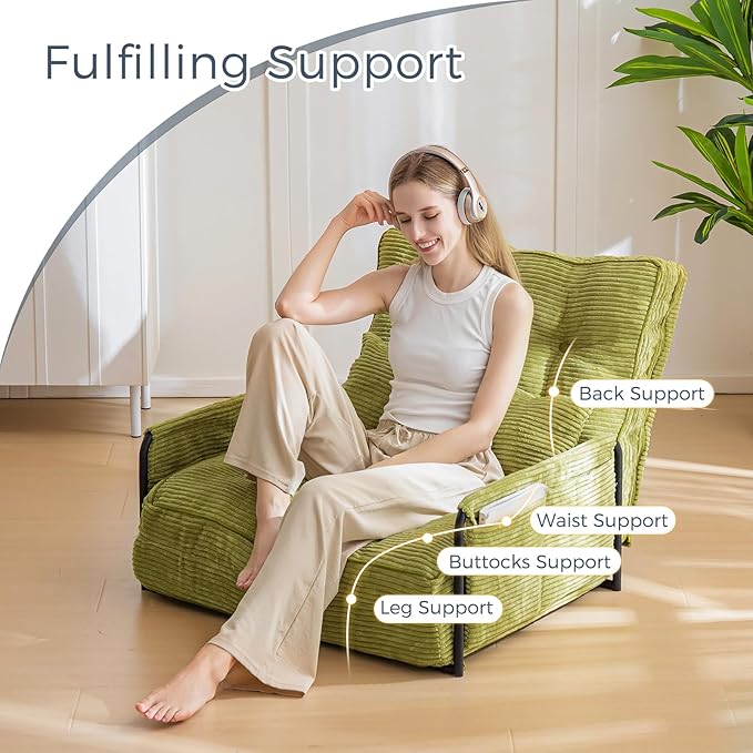 MAXYOYO Adjustable Floor Sofa Couch with Pillow Multi-Functional Bean Bag Bed 5-Position Foldable Lazy Sofa Sleeper Bed with Armrest Versatile Floor Seating for Reading Gaming Green Single