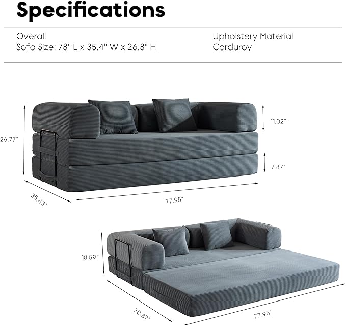 Comfy Convertible Folding Mattress Couch Floor Sofa Bed with Fixed-Shape Frame Corduroy Floor Sofa with Armrest Floor Sofa Lounge Couch for Living Room Bedroom Lounge StudioGrey