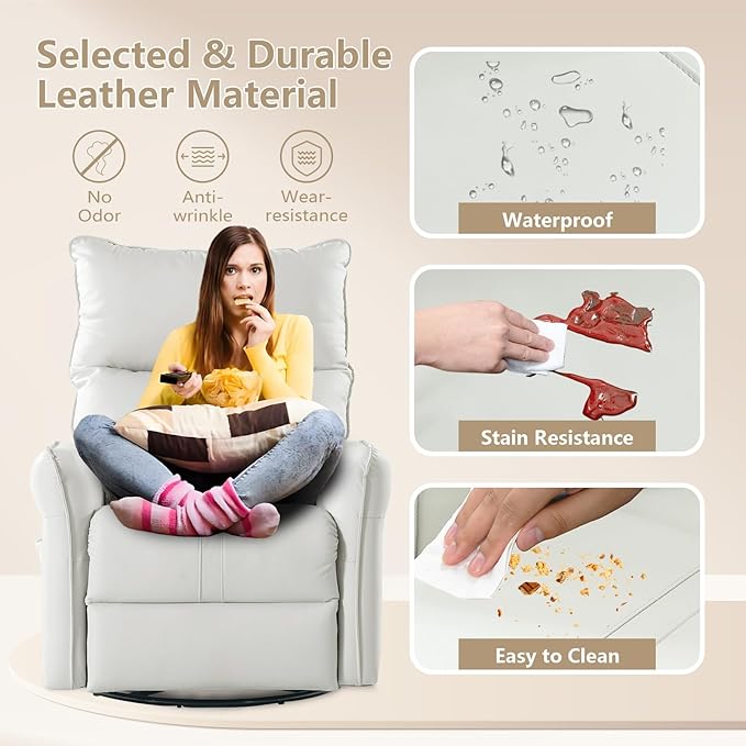 cinkehome Power Swivel Rocker Recliner with USB Overstuffed Electric Reclining Chair Faux Leather Rocker Recliner for Nursery Living Room Light Grey