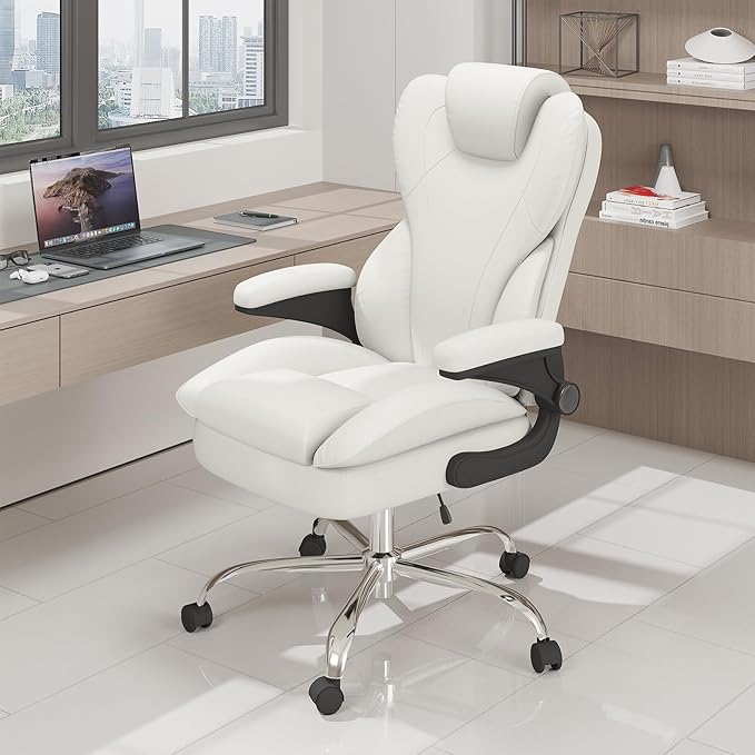 Office Desk Chair Executive Leather Office Chair High Back Ergonomic Home Desk Chair with Padded Flip-up Arms Big and Tall Computer Chair with Rocking Function 360°Swivel Free White