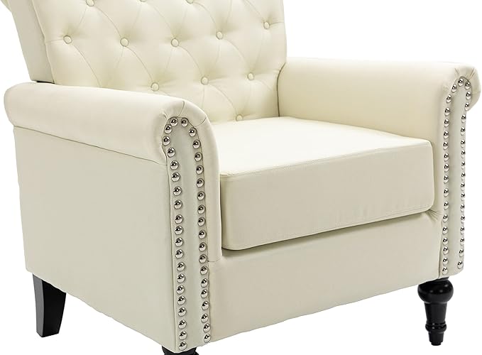 Generic Mid Century Modern Accent Chair Linen Armchair wTufted BackWood Legs Upholstered Lounge Arm Chair Single Sofa for Living Room Bedroom Beige