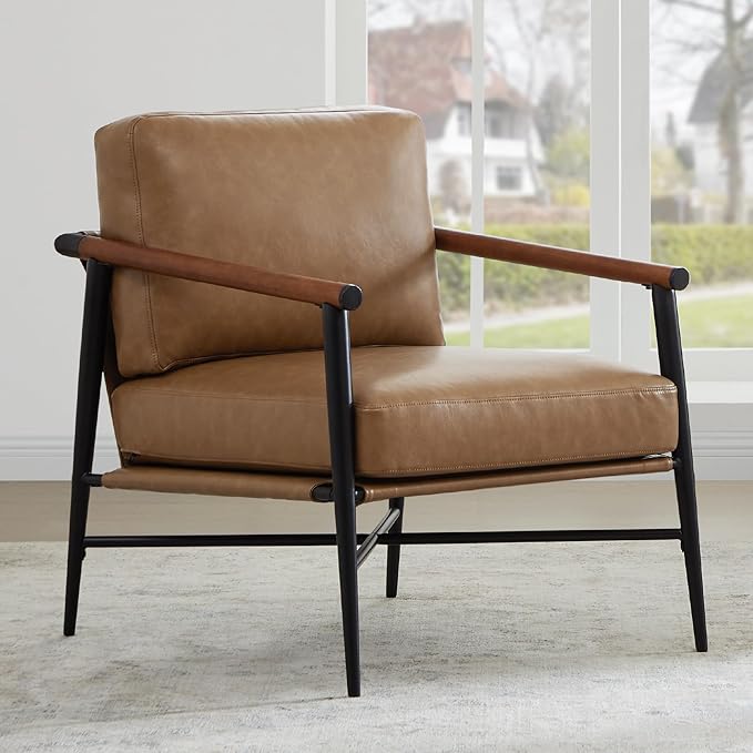 Watson &amp Whitely Mid Century Modern Accent Chair Set of 2 Faux Leather Armchair Comfy Upholstered Lounge Reading Chair for Living Room Bedroom Cafe Waiting Room Brown