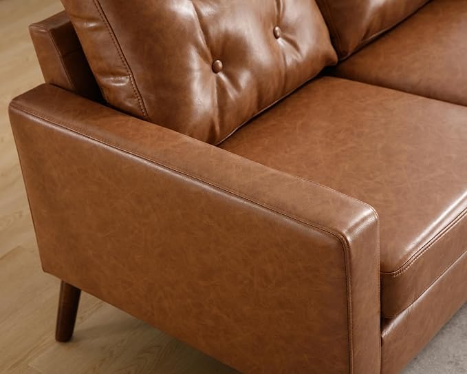 VESCASA 53 W Faux Leather Loveseat Sofa with Button Tufted Back Mid Century Modern Upholstered 2 Seater Small Sofa Couch with Wood Legs PU Leather Love Seats for Living Room/Bedroom Caramel