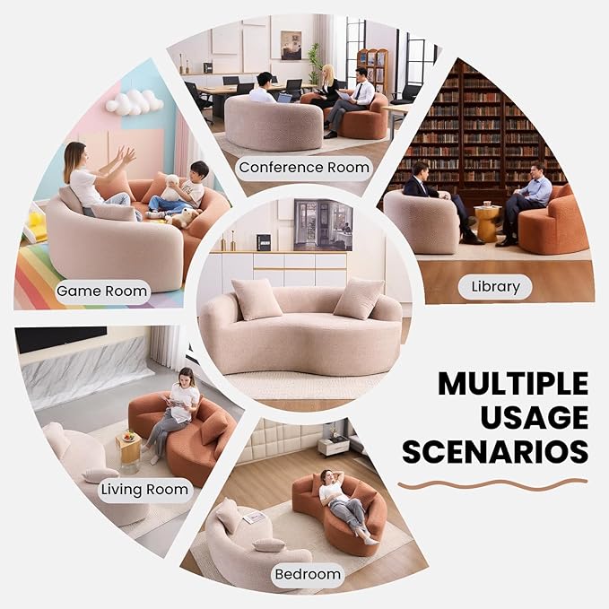 66.9'' Modular Sectional Loveseat Chenille Upholstered Boneless Curved Loveseat with Deep SeatCombination Round Sofa for Coffee Shop Game Room Office (Beige 66.9 Inch)