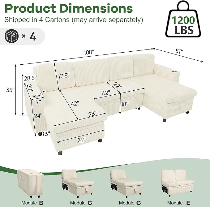 Sectional Couches for Living Room Sectional Sleeper Sofa with Pull Out Bed Modular Corner Sofa with Storage Convertible Sofa Bed for Living Room Bedroom and Apartment Beige