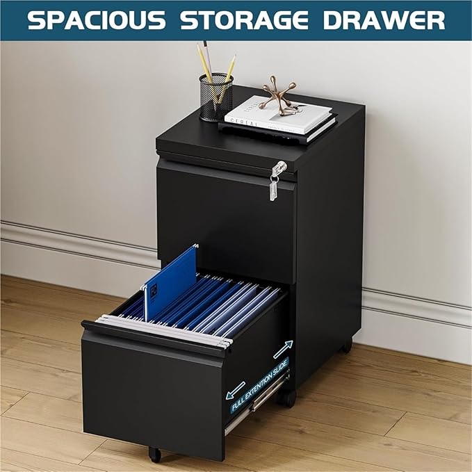 Mobile File Cabinet 2 Drawer On Wheels Home Office Mobile Under Desk with Lock Vertical Files Drawers for Legal/Letter/A4 Filing Cabinets