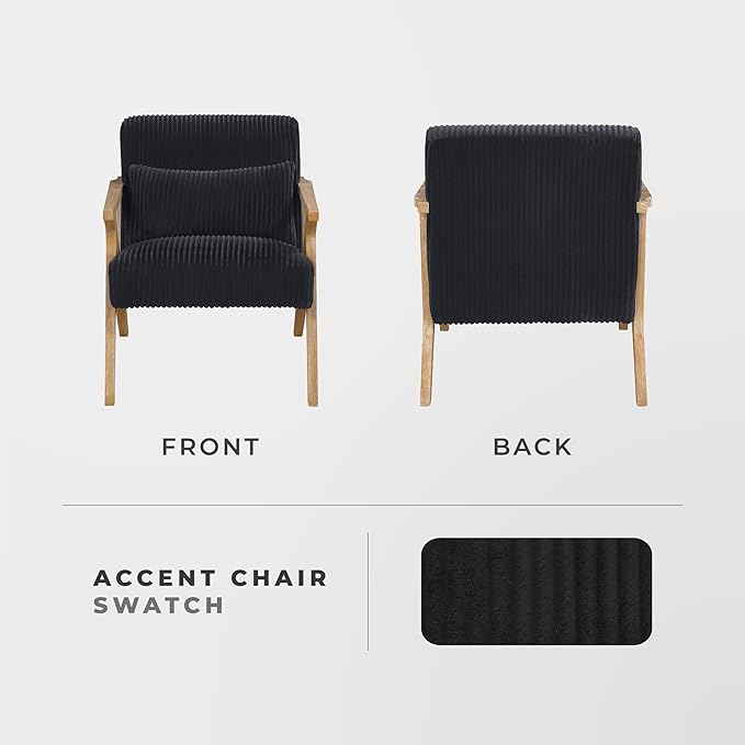 Lexicon Mid Century Modern Accent-Chair with Lumbar Pillow Brown Solid Wood Frame Comfy Corduroy Upholstered Lounge Arm Chair for Living Room/Bedroom/Office/Reading Nook Assembly Required Black