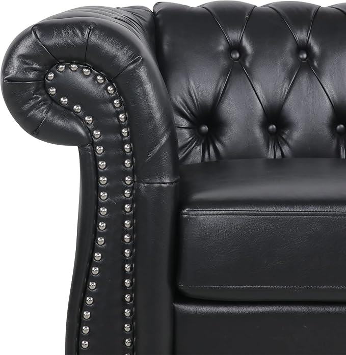RARZOE Contemporary PU Chesterfield ChairsChesterfield Faux Leather Club Chair Chesterfield Button Tufted Leather Accent Chair with Nailhead Trim Scrolled Arms for Living Room Bedroom Office Black