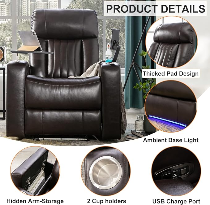 Leather Power Recliner Chair Electric PU Recliner with Hidden Arm Storage USB Charging Port 2 Cup Holders Tray Table Phone Stand for Home Theater