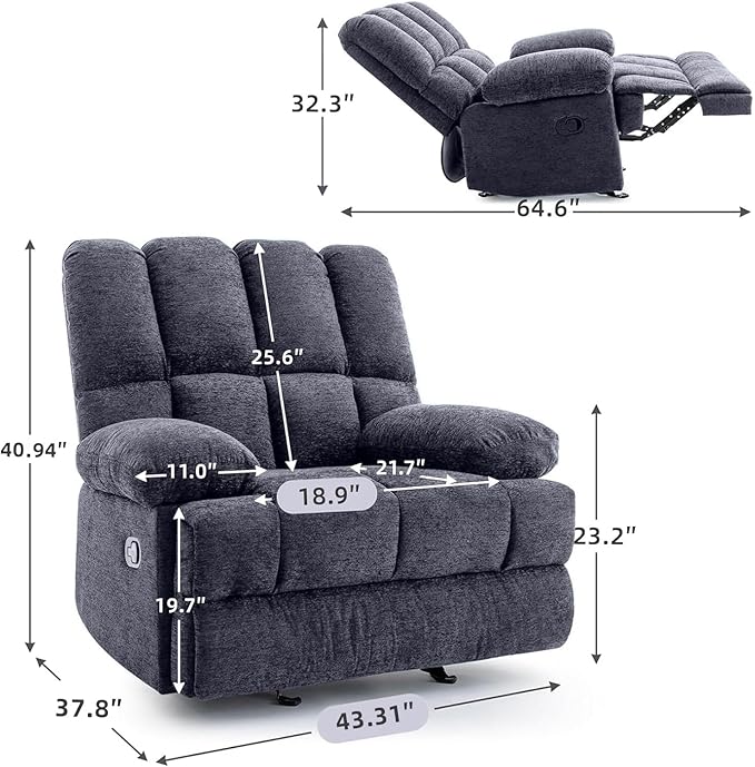 WILLOVE Oversized Rocker Recliner Chair Rocking Recliners Overstuffed Soft Big Man Manual Recliner Extra Large Living Room Chair 350 LBS Capacity Grey L