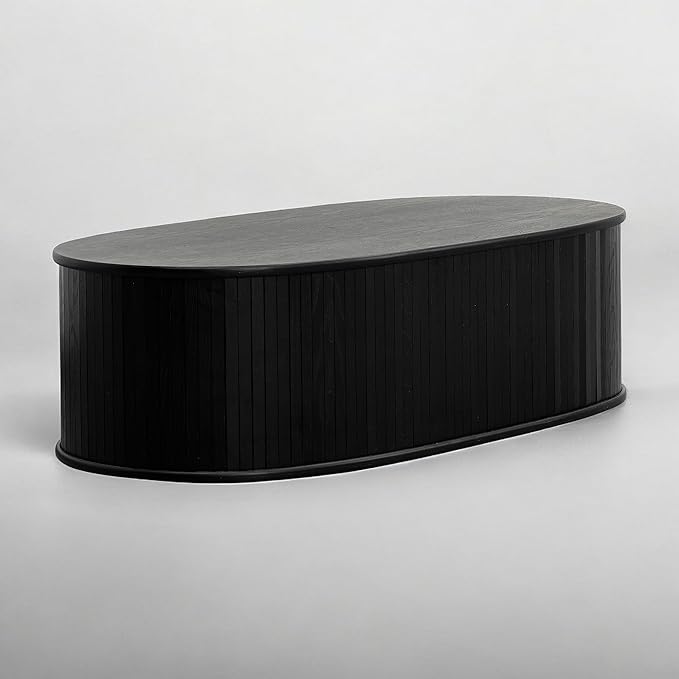 NTC Stream Coffee Table Modern Oval Wooden Center Table with Vertical Groove Design Stylish Living Room Decor Contemporary Minimalist Style for Home and Office Easy Assembly - Burnt Black