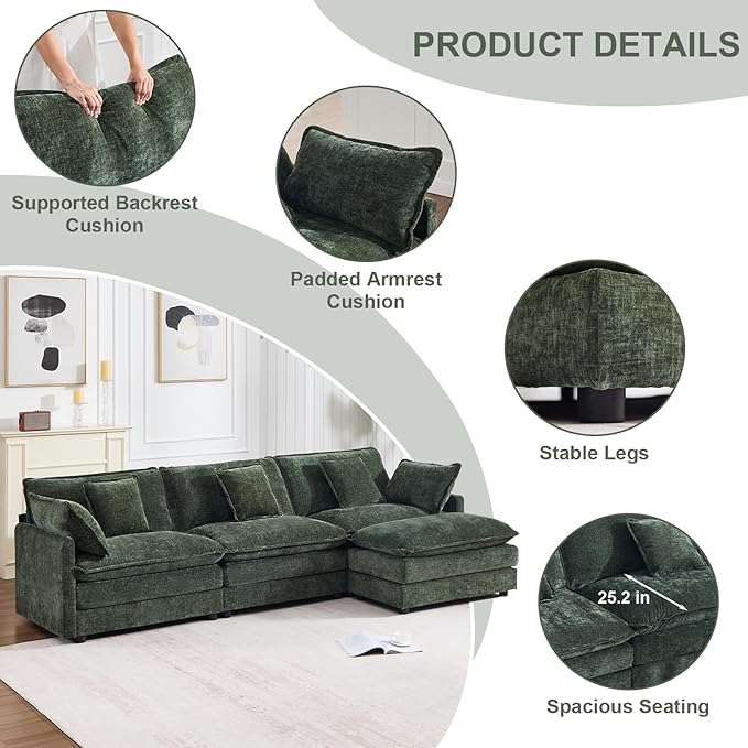 111.5 L Shaped Couch with Ottoman Chenille Cloud Sectional Sofas Modern Modular Sectional Sofa Deep 4 Seat Couches for Living Room Apartment Office Green