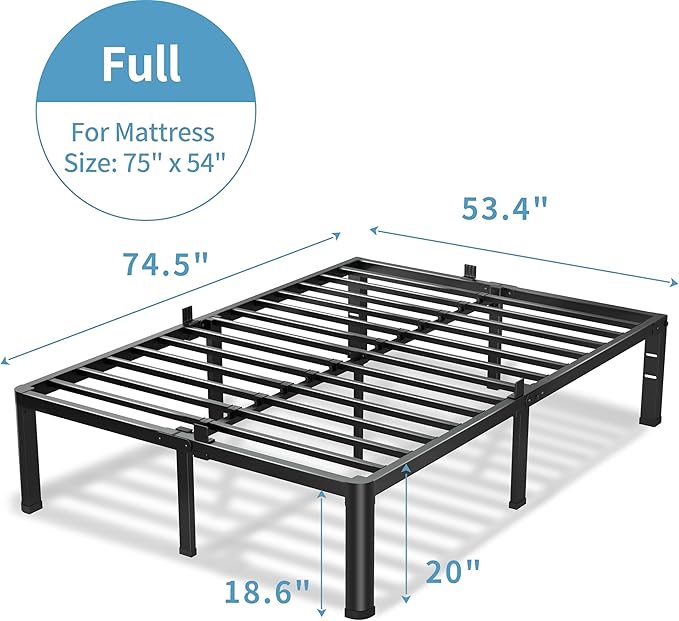 20 Inch Full Size Bed Frame 3500Lbs Heavy Duty Metal Platform with Round Corner Legs Mattress Slide Stopper Steel Slat Support No Box Spring Needed Noise Free Non-Slip Easy Assembly