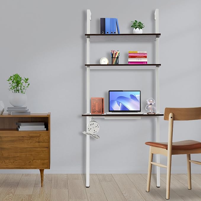 3-Tier Wall Mount Desk Ladder Desk with Open Shelves&ampPower Strip Wall Mount Computer Writing Table Desk Storage Shelves Computer or Writing Desk for Home Office