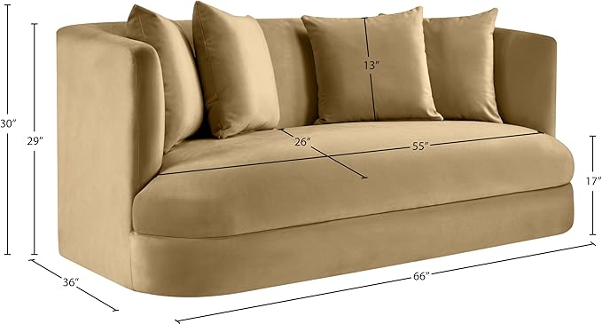 Meridian Furniture 699Camel-L Alder Collection Modern | Contemporary Loveseat with Ultra Luxe Camel 460 GSM Velvet Solid Wood Frame 66 W x 36 D x 30 H Camel