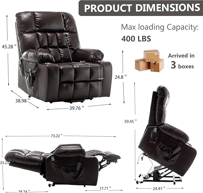 Oversized Power Lift Recliner Chair for Adult Elderly Dual Motor Lay Flat Electric Recliner with Massage &amp Heat 25.5 Wide Seat Big Tall Recliners for Living Room PU Brown