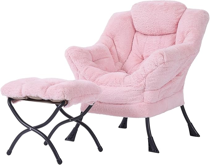 Tiita Lazy Chair with Ottoman Pink Modern Large Accent Chair Comfy Leisure Sofa Armchair with Ottoman Reading Chair with Footrest for Bedroom Living Room Dorm Rooms Plush Pink