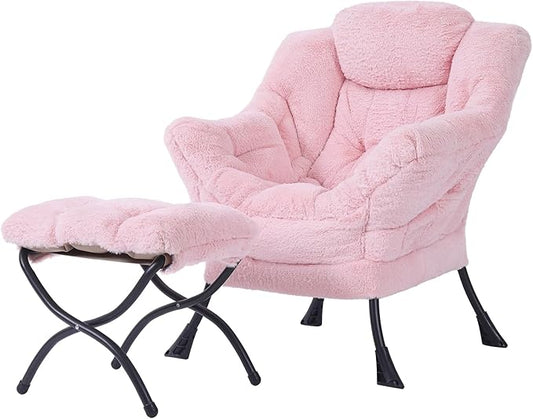 Tiita Lazy Chair with Ottoman Pink Modern Large Accent Chair Comfy Leisure Sofa Armchair with Ottoman Reading Chair with Footrest for Bedroom Living Room Dorm Rooms Plush Pink
