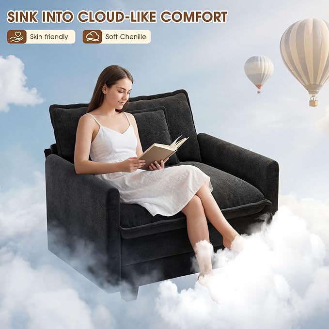 Hanherry 41.8” Oversized Accent Chair Chenille Single Sofa Chair for Living Room Modern Upholstered Reading Chair Deep Seat Comfy Armchair with Pillow for Bedroom and Apartment Black