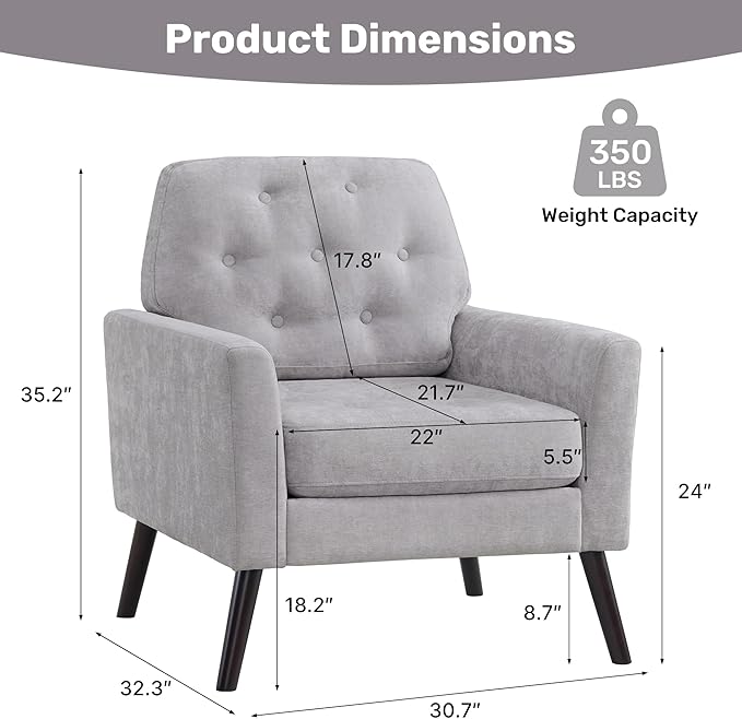 Accent Chair Set of 2 Mid Century Modern Living Room Chairs Upholstered Armchair with Tufted Back &amp Wood Legs Single Sofa Reading Side Chair for Bedroom Office Waiting Room Light Grey