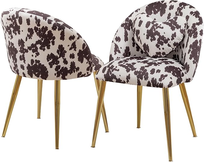 Vanity ChairAccent Makeup Comfy Cute Desk Girls Fluffy Chairs for Bedroom No Wheels Gold Metal Legs Stool (Cow Velvet)