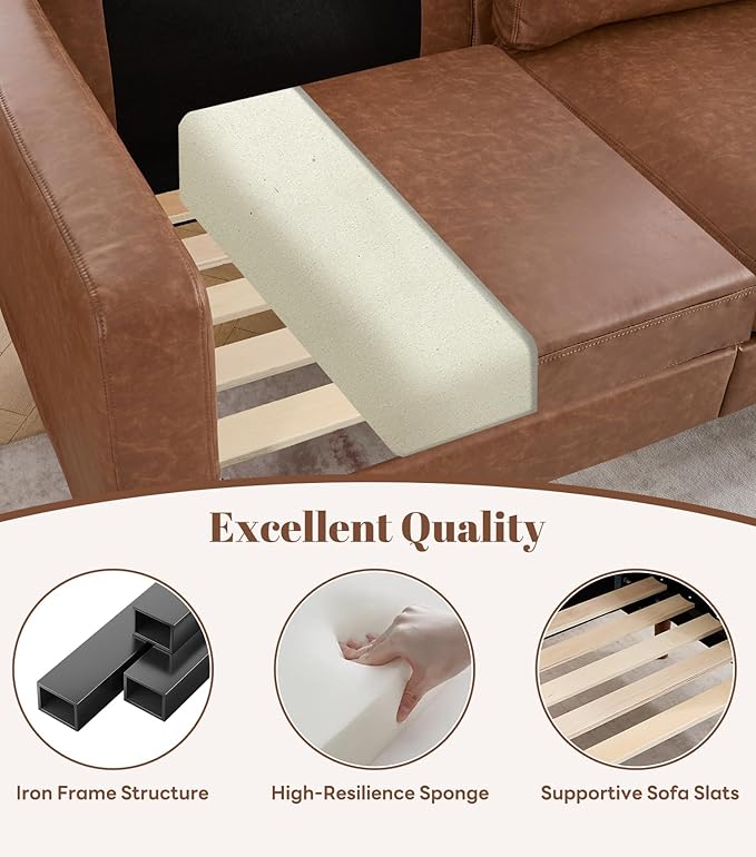 Kingfun 65 Loveseat Sofa Faux Leather Love Seat Couch Mid Century Modern Couch with Solid Wooden Frame for Living Room &amp Bedroom for Small Spaces Brown