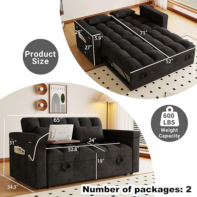3-in-1 Convertible Sofa Bed with Adjustable Backrest &amp Storage Armrests 65 Pull-Out Sleeper Sofa Bed with USB Port &amp Side Table Modern Velvet Loveseat Couch with 2 Pillows Side PocketBlack