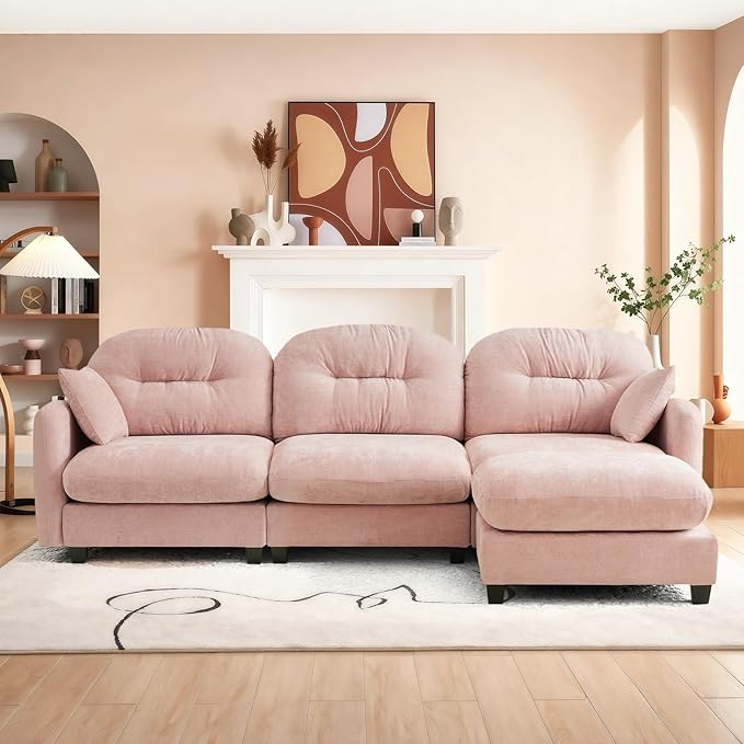 107 L-Shaped 3-Seater Sectional Sofa with Ottoman - Cloud Chaise Lounge Couch High-Resilience Foam &amp Ergonomic Support for Family Living Room Pink