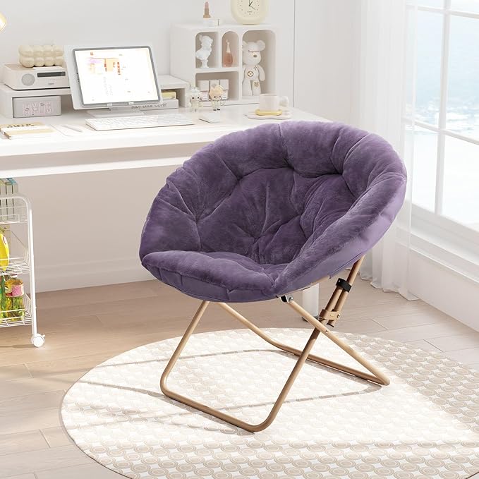 Cozy Saucer Chair Living Room Chair Faux Fur Soft Thick Padded Seat Metal Frame Folding Chair Comfortable Moon Chair for Living Room Bedroom Reading Nook Modern Style 2 Pack Purple