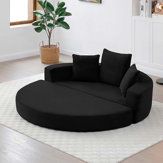67-inch Convertible Futon Sofa Bed Round Folding Comfy Corduroy Upholstered Couch Bed with 3 Pillows Boneless Floor Lazy Loveseat Sofa for Living Room Apartment Small Spaces Pinstripe Black
