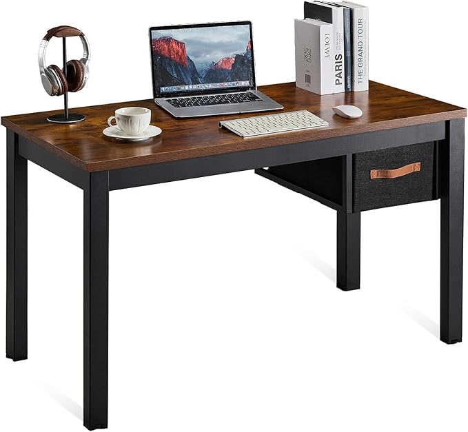 Computer Desk with Drawer 47 Inch Home Office Work Desks Modern Writing Study PC Desk Gaming Table for Small Place Bedroom Thickened Tabletop and Stable Metal Frame Leg（Rustic Brown）