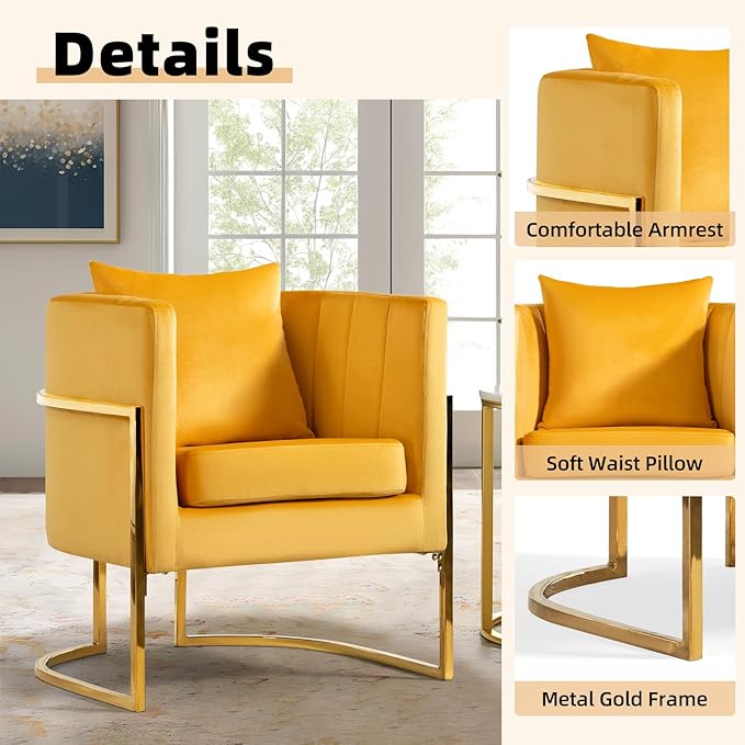 Velvet Modern Accent Chair Upholstered Barrel Armchair Mid Century with Pillow for Living Room Comfy Single Vanity Chair with Metal Gold Legs for Bedroom Yellow