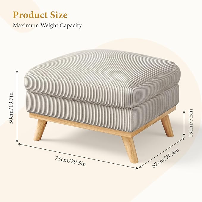 Vesgantti Large Ottoman for Modular Sofa 29.5 Corduroy Ottoman with Spring Cushion Rectangle Foot Rest for Couch Entrance Footstool with Wood Legs Footstool for Living Room Bedroom Light Gray
