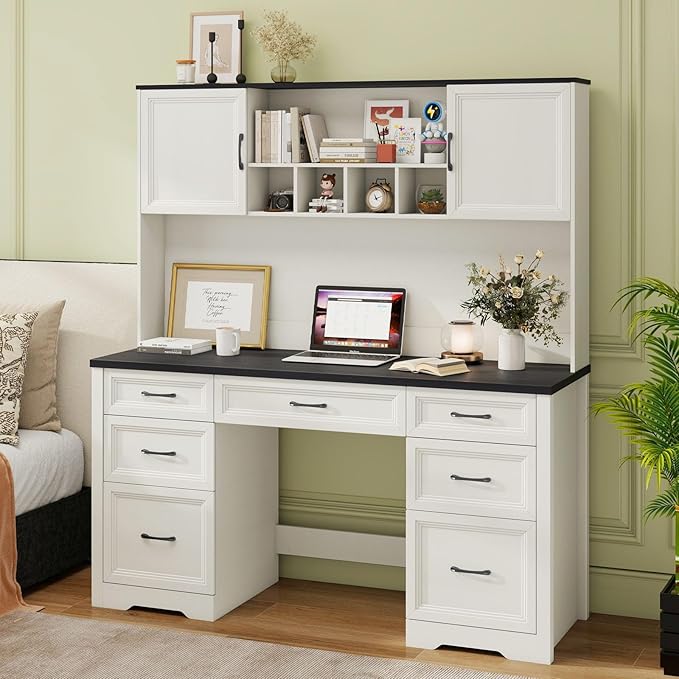 Vabches Farmhouse Executive Desk with 7 Drawers and Storage Cabinet Rustic Large Home Writing Desk with Hutch Workstation for Bedroom Black