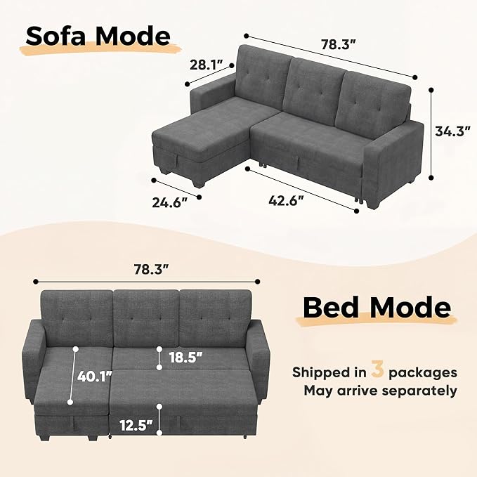 JUMMICO Sofa Bed Sleeper Pull Out Couch with Reversible Storage Chaise Convertible L Shaped Sectional Couches for Living Room Apartment (Linen Fabric Dark Grey)