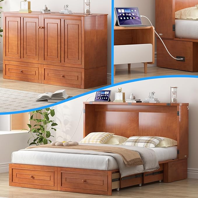 PUREMIND Queen Murphy Bed Frame with Headboard Hideaway Chest Bed Frame Storage Drawers USB Charging Ports- Space Saving Cabinet Chest Beds for Guest Room Bedroom