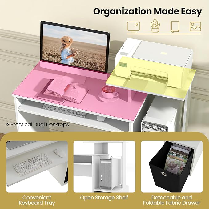 Tangkula Computer Desk with Fabric Drawer &amp Keyboard Tray Space-Saving Study Writing Desk with Open Storage Shelves &amp Printer Stand Modern Home Office Computer Workstation for Small Spaces (