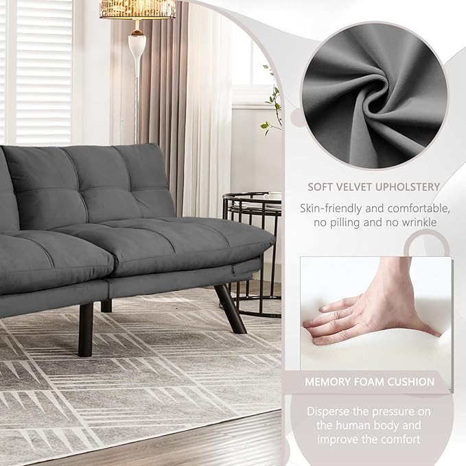 KINFFICT Convertible Futon Sofa Couch Bed Modern Memory Foam Sleeper Loveseat Sofa with Adjustable Armrests &amp Backrests Comfy Love Seat for Living Room Bedroom Office Apartment Small Space