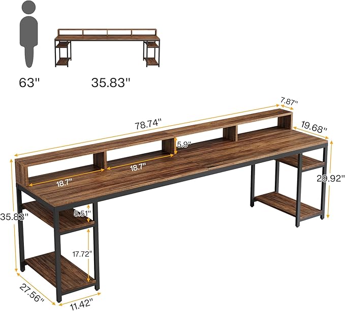 Tribesigns 78.74 Inches Extra Long Two-Person Desk Double Computer Desk with Monitor Stand and Storage Shelves Study Work Table for Home Office (Rustic Brown)