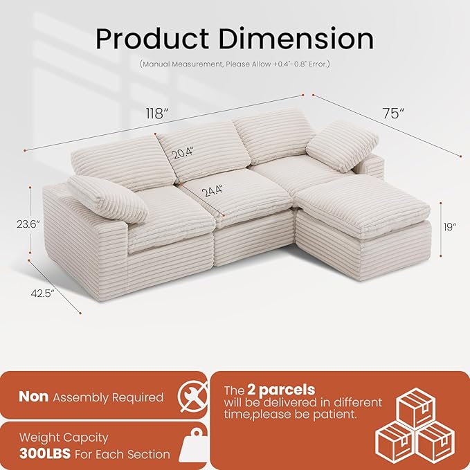 KKL 118 L Shaped Sectional Modular Boneless Sofa 4 Seater Cloud Couch with Ottoman Corduroy Sectional Couches for Living Room Bedroom Beige