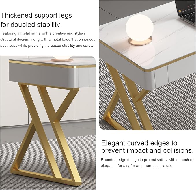 Modern Office Computer Desk with Tempered Glass Top &amp Marble Pattern White Wooden Gaming Desk with Drawers Thick Lacquered Writing Desk for Home Office Bedroom and Living Room (Z-104)