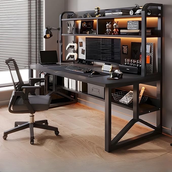 LITFAD Rectangular Wooden Office Desk Modern Computer Desk with Metal Frame and Bookshelf Writing Desk for Home Office - 1 Piece Black 39.4 L x 19.7 W x 59.1 H Desk only