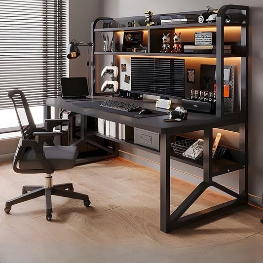 LITFAD Rectangular Wooden Office Desk with Chair Modern Computer Desk with Metal Frame and Bookshelf Writing Desk for Home Office - 2 Piece Set Black 47.2 L x 23.6 W x 59.1 H Desk with 1 Chair