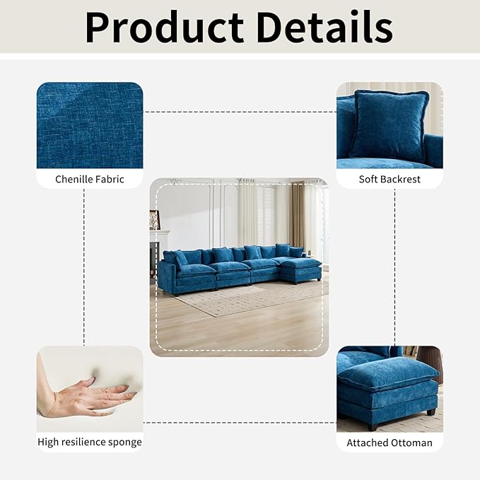 146.5 L Shaped Couch Modular Sectional Sofa Comfy Chenille Cloud Couch with Movable Ottoman and Pillow Modern 4-Seater Deep Seat Sofa for Living Room (BlueL Shaped Sofa)