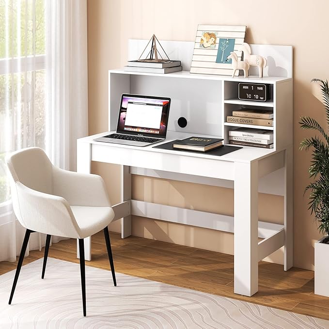 Giantex White Desk with Hutch Home Office Desk with Bookshelf Computer Workstation PC Laptop Table with Anti-Toppling Device &amp Cable Hole Modern Study Writing Desk for Small Spaces Bedroom