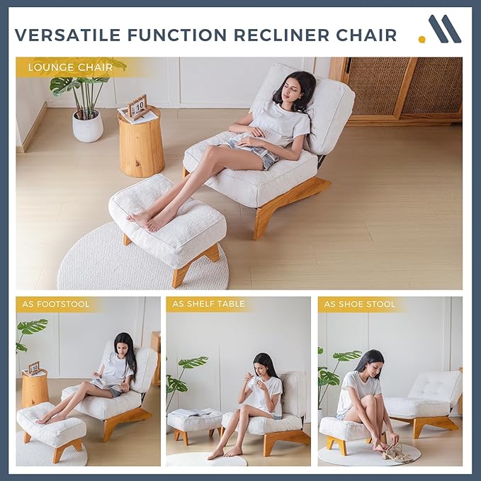 MAXYOYO Adjustable Accent Chair with Ottoman Thick Cushion Seated Lounge Chair Reclining Chair for Living Room Cozy Recliner and Footrest Set Beige