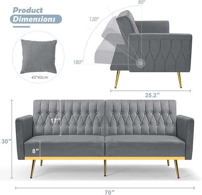 70 Velvet Futon with Adjustable Backrest and Armrests Sofa Bed with Extra Pillows for Waiting Room Living Room and Office Grey