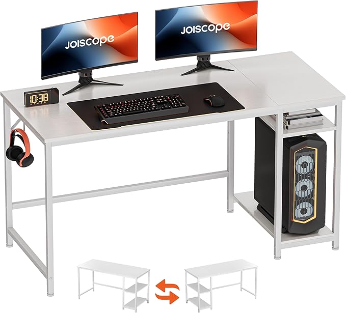 JOISCOPE Home Office Desk with Double Reversible Side Shelves and Headphone Hooks Computer Desk for Working Gaming Studying 55 inches White