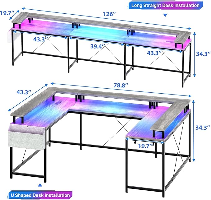 u Shaped Desk with Power Outlets &amp LED Lights 79 Extra Large Reversible Corner Office Desk Monitor Stand &amp Storage Shelves Corner Computer Table Office Table with Full Monitor Stand